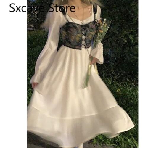 2021 Autumn Pure Color Y2k Midi Dress Women Elegant Vintage Lolita Dress Female Korean Style 2 Piece Dress Set Kawaii Clothes