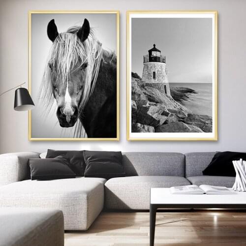 Canvas Prints Black And White Horses Sea Landscape Poster Canvas Painting Wall Art Nordic Pictures For Living Room Home Decor