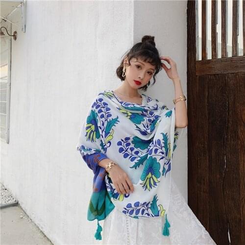 Hit Color Flower Scarf Women Big Shawl Travel Scarf Sunscreen Beach Towel National Wind Cotton Summer