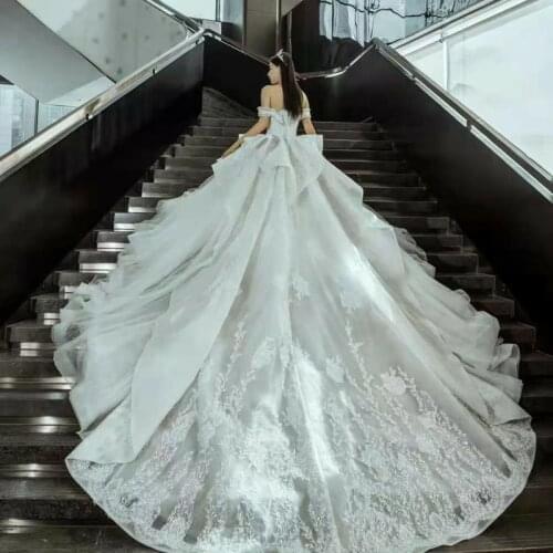 Luxury Light Champange Full Beaded Lace Long Sleeve Wedding Dress 2021 Bridal Gown Long Train Lace Applique Handwork