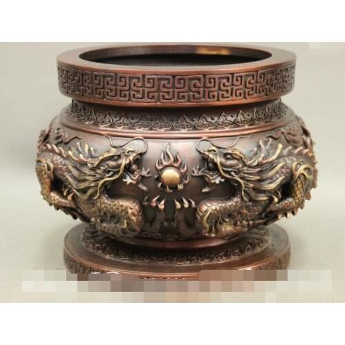 S03377 10" Chinese Buddhism Pure Bronze Dragon Statue Jar Pot Incense Burner Censer size:21x21x15cm