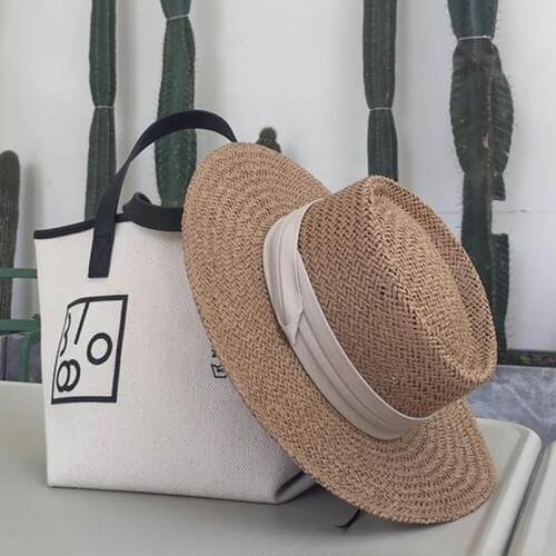 New Casual Handmade Women Summer Wide Brim Straw Hat Beige Ribbon Khaki Canotier Men Boater Hat Derby Fedora Beach Sun Hat