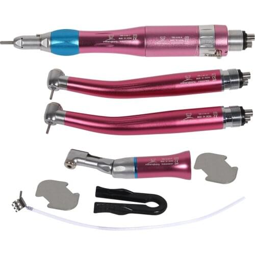 Dental 4 Holes1pcs Low Handpiece + 2pcs HighHandpiece Speed Push Button Air Turbine Kit 1:1Ratio Pink fit NSK Style