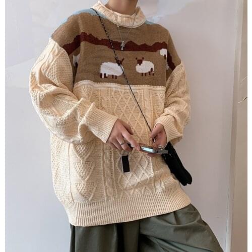 ZAZOMDE 2021 Harajuku Knitted Sweaters Cartoon Sheep Pullovers Men Hip Hop Streetwear Sweater Male Autumn Winter Loose Pullovers