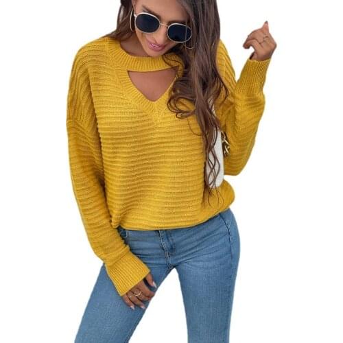 Autumn Winter Women Sweater Hanging Neck Pullover Solid Yellow Sweater Women Jumper Autumn Winter Pullover Slim Top Casual