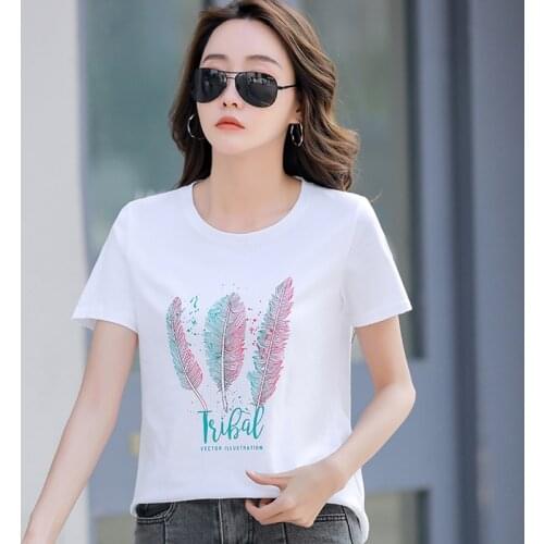 2021 Summer Short Sleeve T-shirts Women Korean Fashion Feather Print O-neck Tops Tee Shirts Femme Cotton Casual White Top