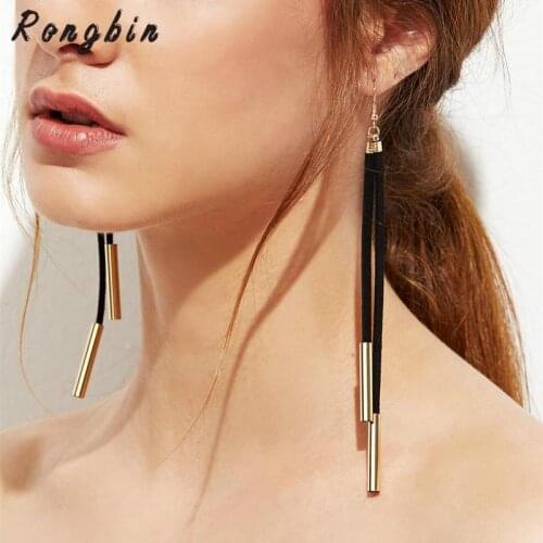 New Hot Fashion Designer Black Suede Leather Gold Silver color Copper Tube Long Drop Earrings For Women Ear Jewelry Bijoux Femme