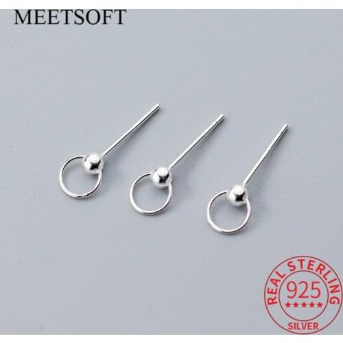 MEETSOFT Classic 5pair/lot Sterling Silver Glossy balls and Circle Stud Earrings Women Semi finished Jewelry wholesale Accessory