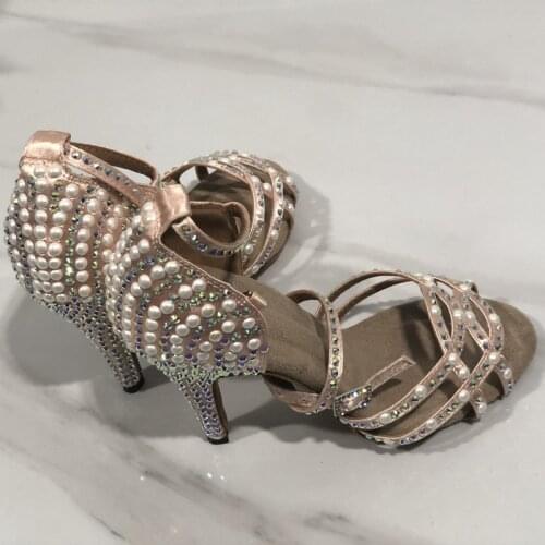 Women Latin Dance Shoes Satin Shining stones pearl Soft Bottom Woman Salsa Dance Shoes heel5CM-10CM