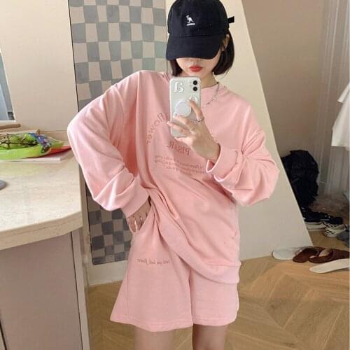 3colors two pcs set Autumn 2021 Korean style Floral Letter sweatshirt+Elastic Short 2pcs set women clothing set (F4482