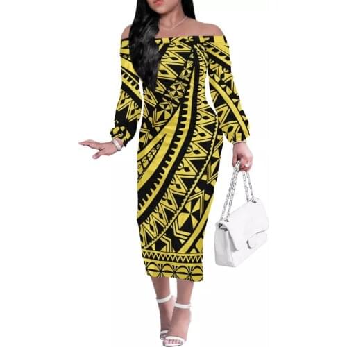 HYCOOL Polynesian Tribal Off Shoulder Long Sleeve Bodycon Dress Women Bohemian Style Beach Holiday Pleated Dresses Slash Neck