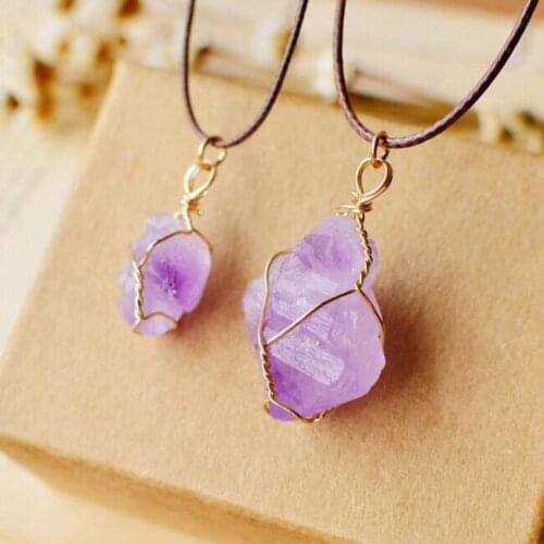 1PC Original Natural Crystal Stone Irregular Amethysts necklaces Purple Quartz metal Chain Twisted Wire Pendant Necklace