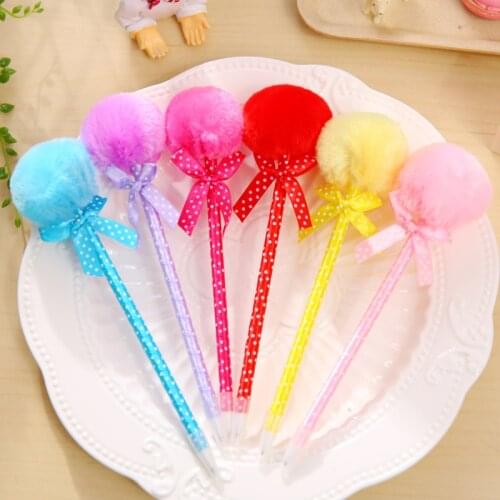40pcs/pack Hot-sell Korea Stationery Aesthetic Bow Polka Plush Fur Ball Ballpoint Pen Blue Ink 0.5mm Gift Prize