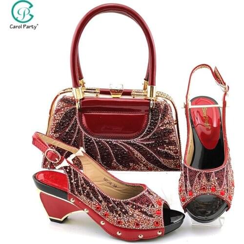 African Newest Italain Design Nigerian Fashion Style Wine Color Ladies Shoes and Bag Decoratec With Rhinestone for Party