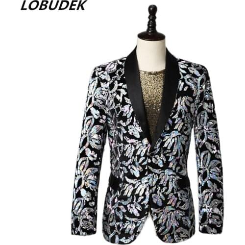Shining Mens Silver Sequins Blazer Stage Costume Fashion Slim Fit Single Button Sequin Suit Jacket Singer Host Nightclub Show