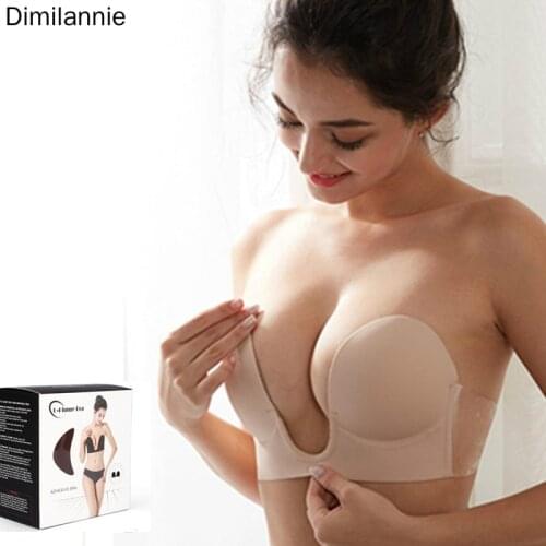Dimliannle Push Up Bra Strapless Bras Dress Wedding Party Sticky Self-adhesive Silicone Brassiere Breathable Deep U Bra