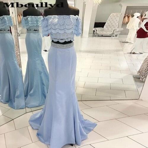 Mbcullyd Two Piece Mermaid Prom Dress Long 2020 Blue Applique Lace Evening Dresses For Women Shining Crystal Vestido De Festa