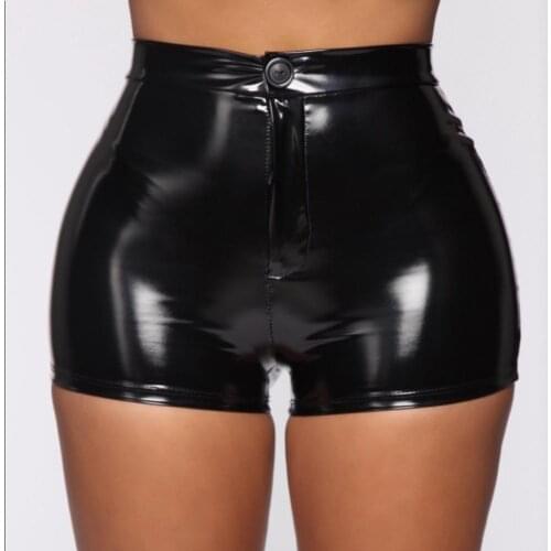 High Elasticity Sexy Women Summer Workout Shorts Solid Color Faux Leather Shorts High Waist for Lady