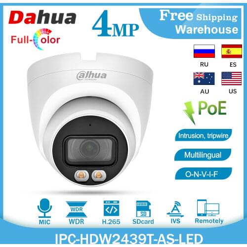 Dahua IP Camera IPC-HDW2439T-AS-LED-S2 4MP Full-Color H265 Mini Onvif bulit-in Microphone and SD Card ColorVu CCTV Video Camera