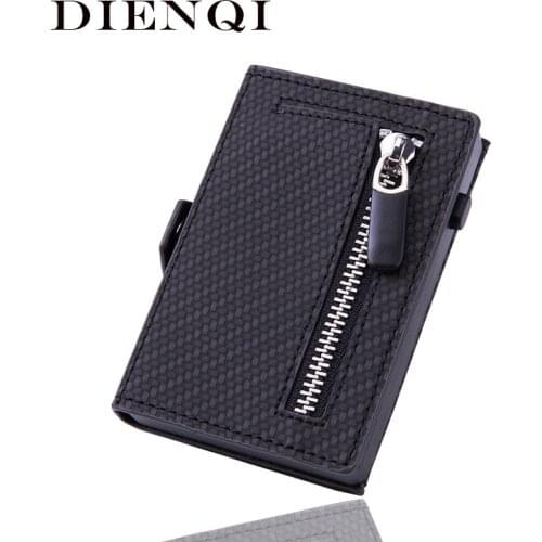 DIENQI Rfid Carbon Fiber Leather Credit Card Holder Wallet Men Anti Metal Bank Cardholder Case Pocket Steel Minimalist Wallet