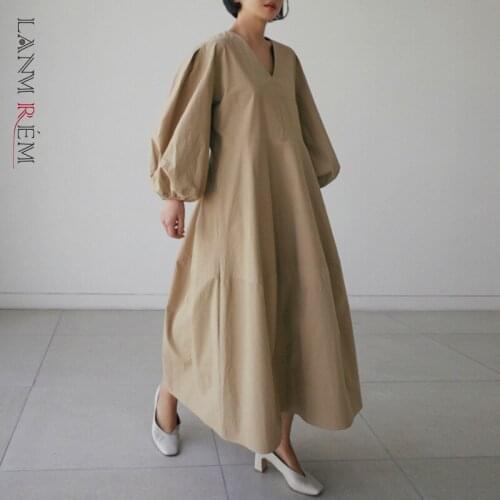 LANMREM V-necklantern Sleeves 2021 New Summer Fashion Women Dress Loose Large Size Shirt Dress Over Knee Long Dresses YJ922