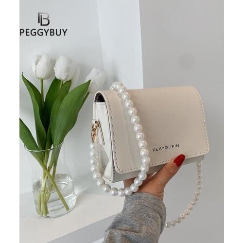 Fashion Women PU Leather Pure Color Shoulder Crossbody Messenger Bag Casual Ladies Pearl Chain Mini Handbags Flap Purse