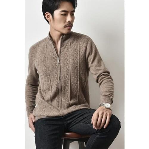 Cashmere wool blend twill knit mens zipper cardigans sweater stand collar S/165-2XL/185