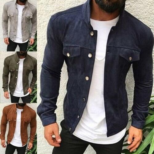New Men Jacket Faux Suede Slim Multi-button Work Tool Pocket Jacket Autumn Casual Overcoat