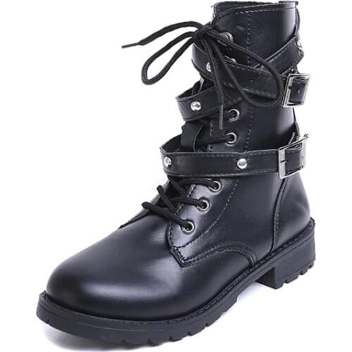 Autumn and winter European American belt buckle flat-bottom short boots with rivets round head locomotive Martin boots casual