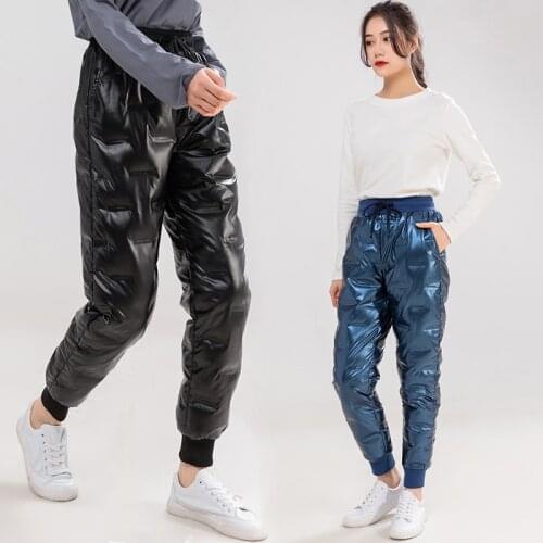 Autumn Cotton Trousers for Womens Snow Outerwear 2021 Winter New High Waist Thick Casual Female Glossy Pants Warm Casual Pants