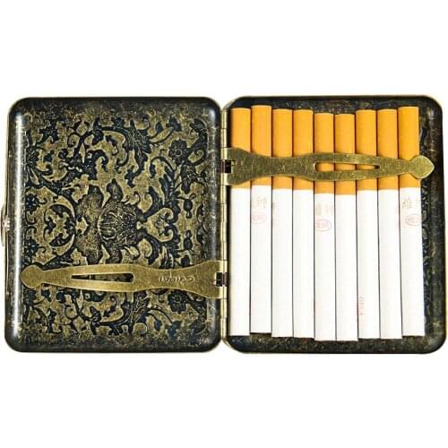 Retro Metal Cigarette Case Box Double Sided Spring Clip Open Pocket Holder For 18 Cigarettes Vintage Brass Floral Pattern