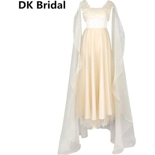 Luxury Sheer Champagne Beaded Evening Dresses 2018 with Watteau Train Formal Women Party Prom Gowns vestidos de fiesta