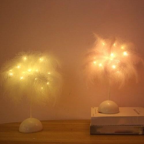 Modern Remote Control Feather Table Lamp DIY Night Light Creative Reading Eye Protect Tree Lampshade Wedding Home Bedroom Decor