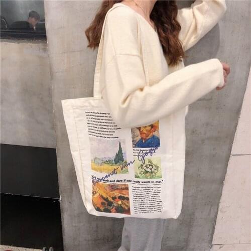 W&G Van Gogh Women Shoulder Bags Large Capacity CanvasTote Bag Female College Art Harajuku Ins Printing Funny Cartoon Chic New