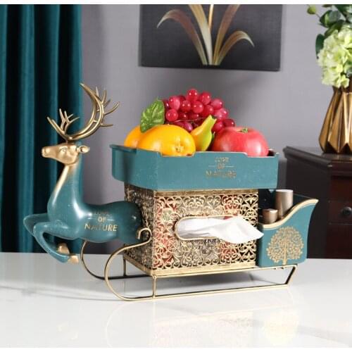 Nordic Deer Car Resin Snacks Plate Metal Tissue Box Ornaments Home Livingroom Desktop Figurines Crafts Coffee Table Decoration