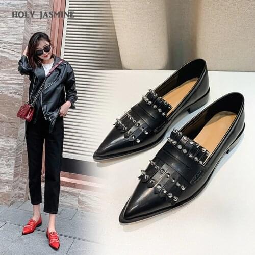2021 Spring New Rivet High Heeled Lady Pumps Shallow Pointed Toe Woman Shoes Party Shoes Slip-on Genuine Leather Party Shoes