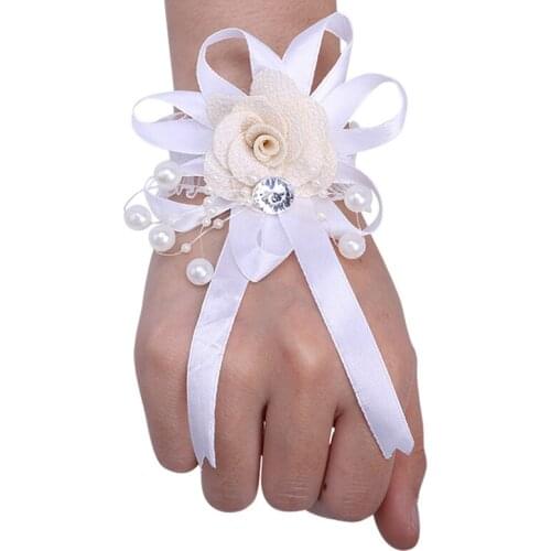 Korean Bride Bridesmaid Wrist Flower Pearl Rhinestone Flower Ladies Elastic Bracelet Party Wedding Props SW054Z