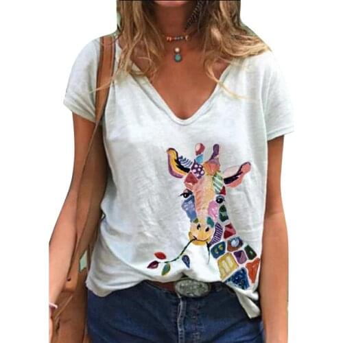 Women Tops Animal Giraffe Print T Shirts Base V-Neck Short Sleeve Women Tshirt All-match White Tee Funny girls Tee tops Shirt