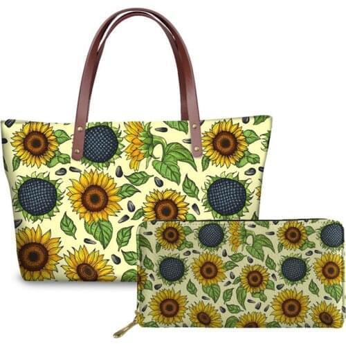 NOISYDESIGNS Womens 2 Bags Set Ladies Casual Handbag Designer Sunflowers Printed Leather Top-handle Wallets Large Capacity