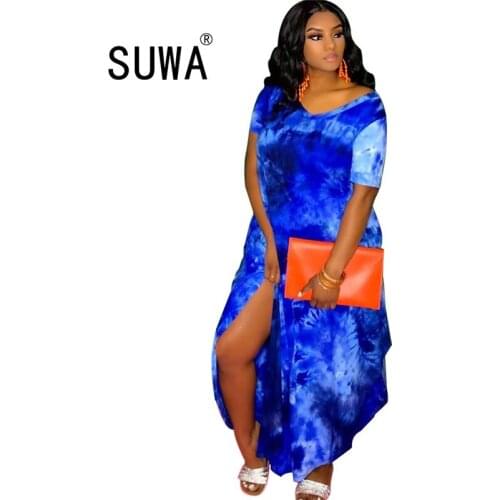 2020 Hot Recommend Style Women Tie Dye Print V-neck Short Sleeve Side Split Loose Slim Maxi Long Dress Vestidos