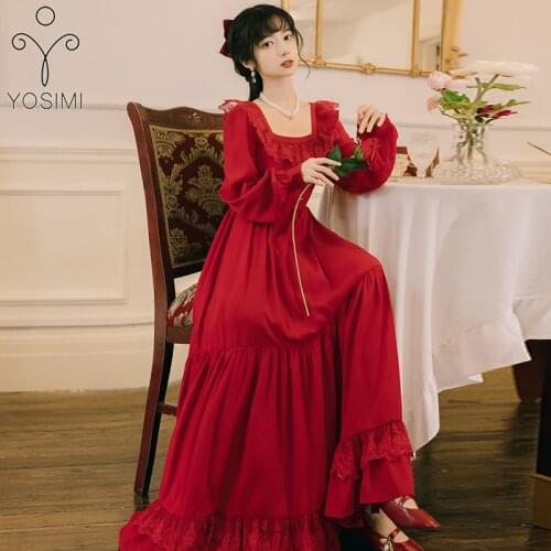 YOSIMI Red Chiffon Long Women Dress 2020 Autumn Elegant Lace Square Collar Ankle-Length Long Sleeve Empire Evening Party Dresses