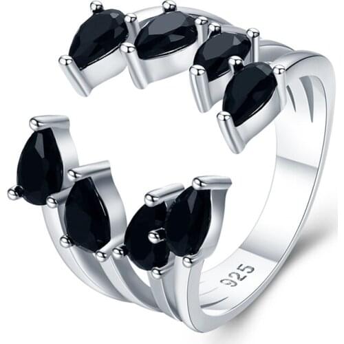 Romantic 3.4g 925 Sterling Silver Fine Jewelry Baguet Row Engagement Black Spinel Wedding Rings for Women G043