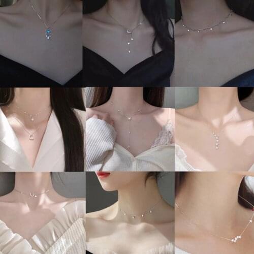 Fashion Choker Necklaces for Women 925 Silver Crystal Star Feather Round Bead Charm Pendants Statement Jewelry Accessories dz825