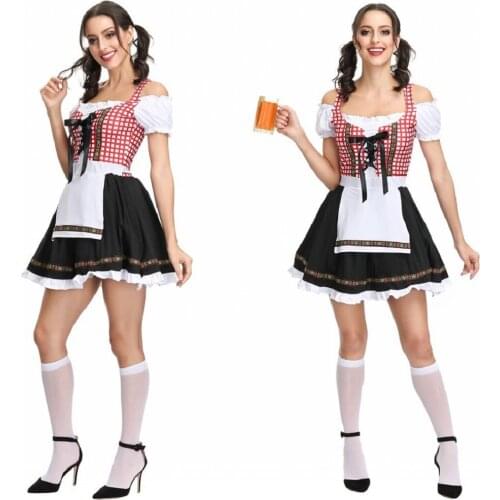 2019 Women Dirndl Dress Maid Outfit Waiter Red Plaid Clothes with Apron German Oktoberfest Bavarian Beer Carnival Fancy Costume