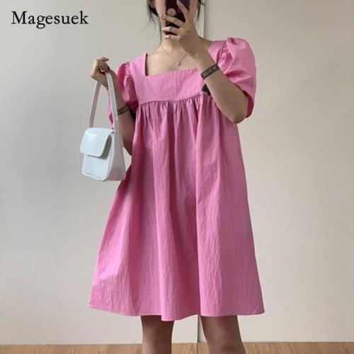 Sweet 2021 Korea Summer Party Dress Women Cute Square Neck Solid Cotton Dress Simple Puff Sleeve Pink Loose Dress Vestidos 15560