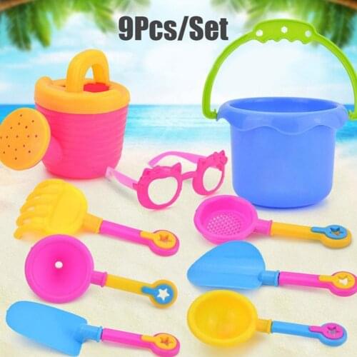 9pcs/Set Water Beach Non-toxic Bucket Colorful Sand Play Toy Set Kettle Baby Kids Plastic Glasses Shovel Funnel Random Color
