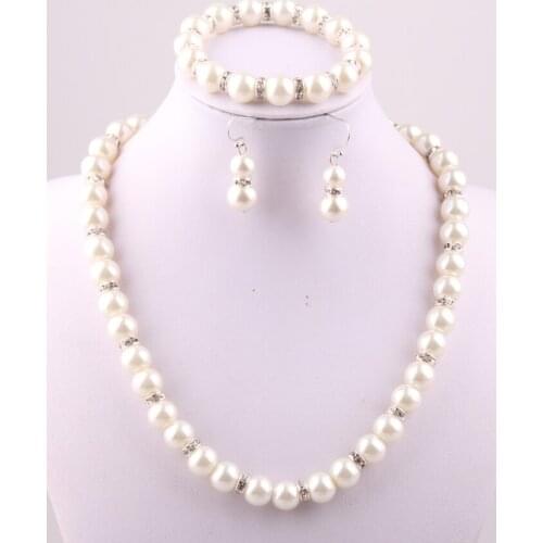 Free drop shipping 10mm beige pearl with crystal spacers roundle Necklace bracelet earring pearl crystal ball Jewelry sets