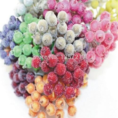 Free Shipping 100pcs(200heads)/200pcs 12mm Glass Pomegranate Multicolor Double Heads Stem Glass Fruit Stamen Wedding decoration