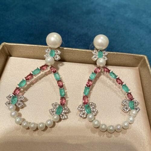 Bilincolor Fashion Blue Zirconia and White Pearl Oval Big Drop Earring for Women