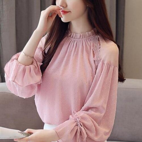 Fall Spring Sweet Ladies Women White Lantern Full Ruffle Sleeve Loose Chiffon Blouse , Korean Woman Lace Stand Collar Blouses